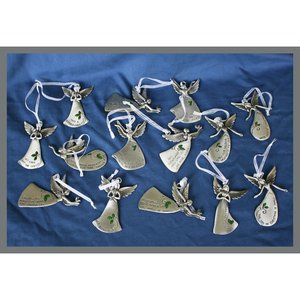 vintage pewter Angels w/ holly & sayings ornament set (14 different) heart logo